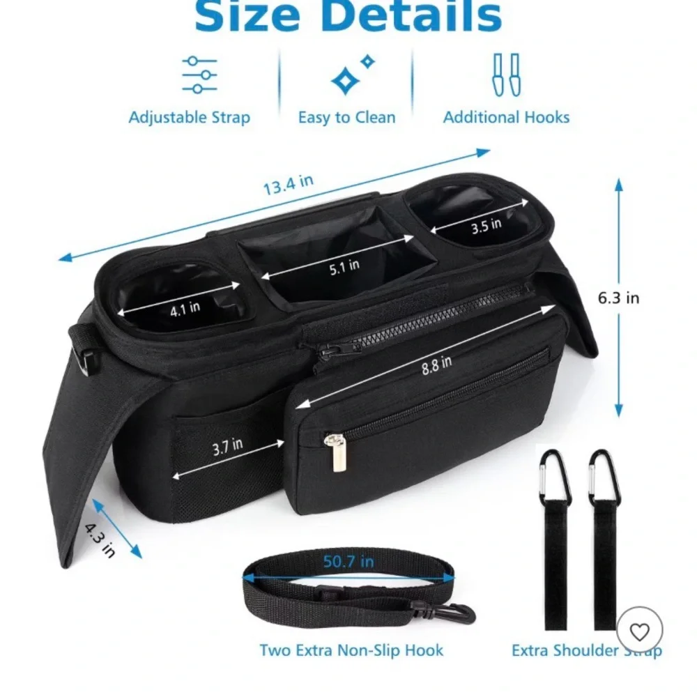 Mi Amore Black Stroller Organizer with Insulated Cup Holders